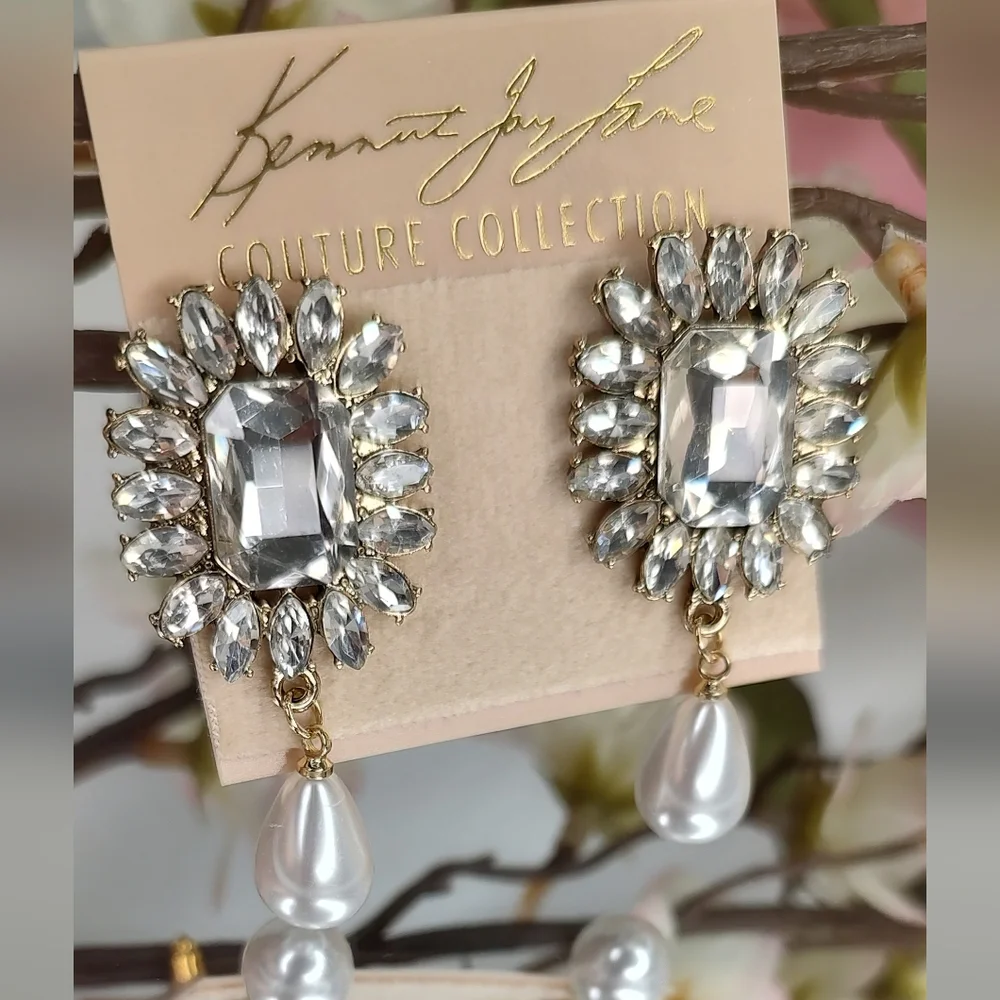 KENNETH JAY LANE Crystal Pearl Drop Earrings Cocktail Bridal Prom Pageant - Picture 8 of 11